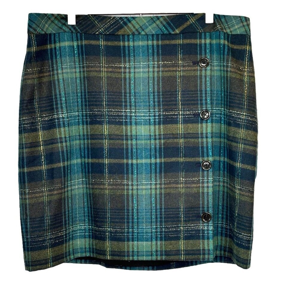 j. jill Wool Blend Tartan Plaid Womens 18 Button Front Blue Green Skirt Academia